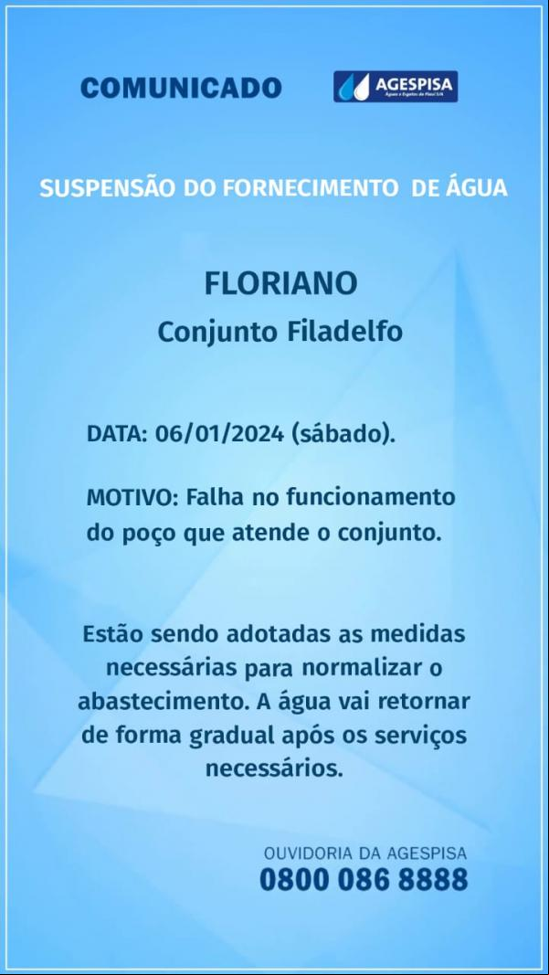 Agespisa informa sobre suspensão e normalização do abastecimento de água em Floriano(Imagem:Divulgação )