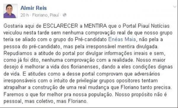 Postagem na página oficial do líder político.(Imagem:Reprodução/Facebook)