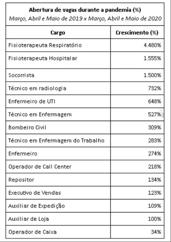 Cargos com aumento de vagas durante a pandemia, segundo a Catho.(Imagem:Divulgação)