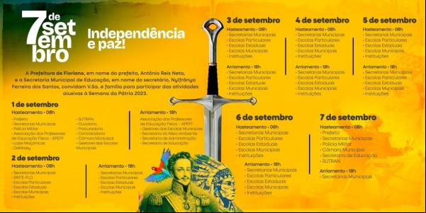 Prefeitura e Secretaria de Educação organizam programação especial com hasteamento, arriamento e desfile cívico.(Imagem:Divulgação)
