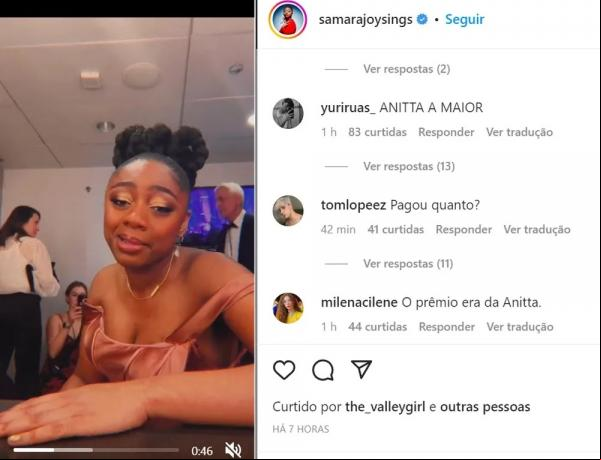 Fãs de Anitta entram no post de comemoração de Samara Joy para fazer comentários negativos.(Imagem:Reprodução )