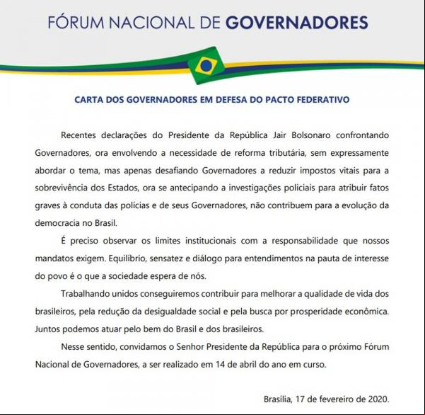 Carta de governadores enviada ao presidente Jair Bolsonaro(Imagem:Reprodução)