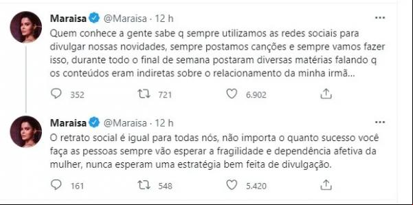 Maraisa nega indiretas ao namoro de Maiara e Fernando.(Imagem:Reprodução/Twitter)