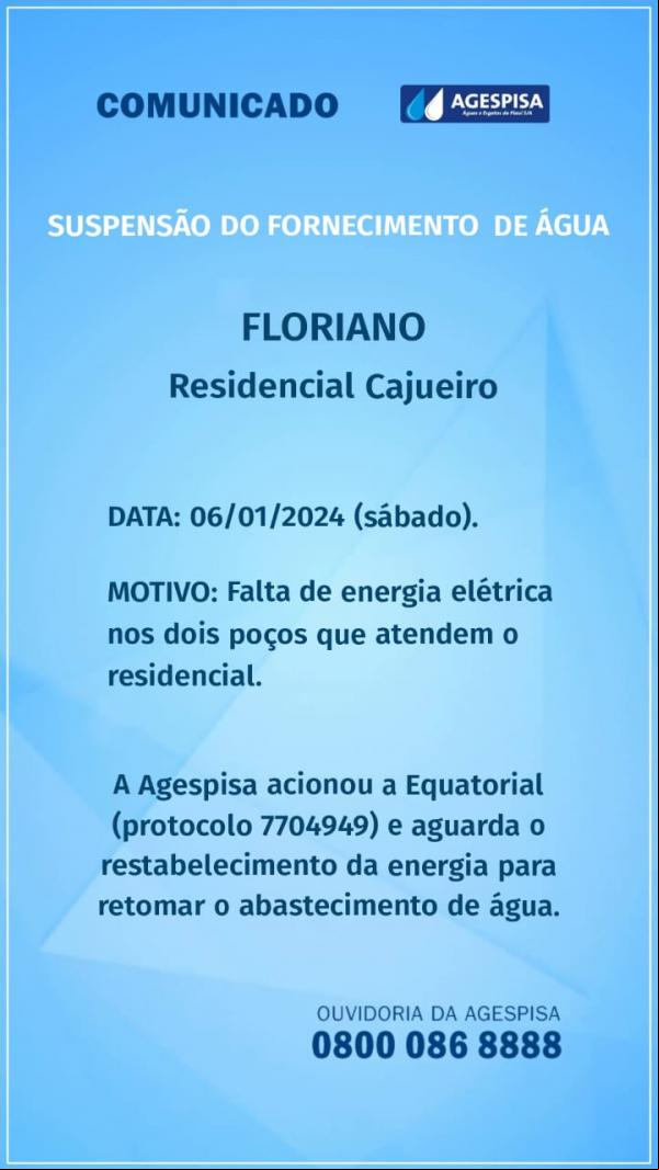 Interrupção no fornecimento de água no Residencial Cajueiro em Floriano é devido à falta de energia elétrica(Imagem:Divulgação)