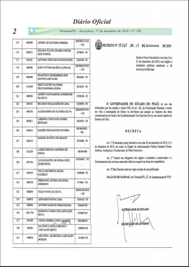 Foi publicado, nessa terça-feira (17), o decreto do Governo do Estado de número 18.725, de 17 de dezembro de 2019, que determina [?](Imagem:Divulgação)