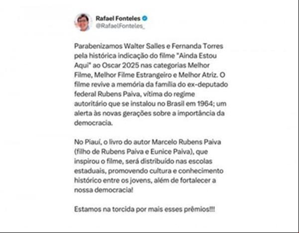 Em suas redes sociais, o governador Rafael Fonteles anunciou que a Seduc adotará o livro escrito pelo jornalista Marcelo Rubens Paiva.(Imagem:Reprodução)