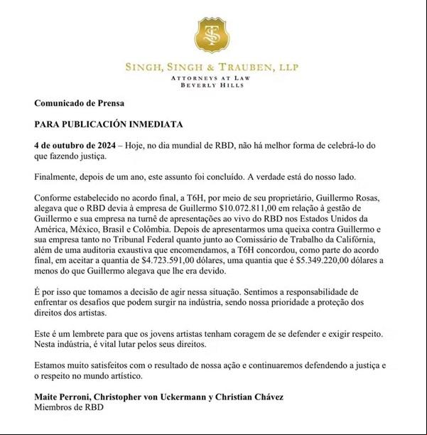 Nota do RBD sobre processo contra Guillermo Rosas.(Imagem:Reprodução/Instagram)