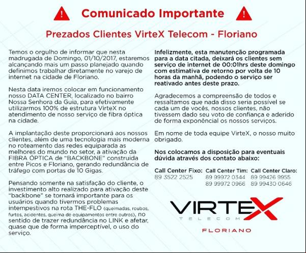 Virtex Telecom implanta nova tecnologia no serviço de fibra óptica em Floriano.(Imagem:Virtex Telecom)