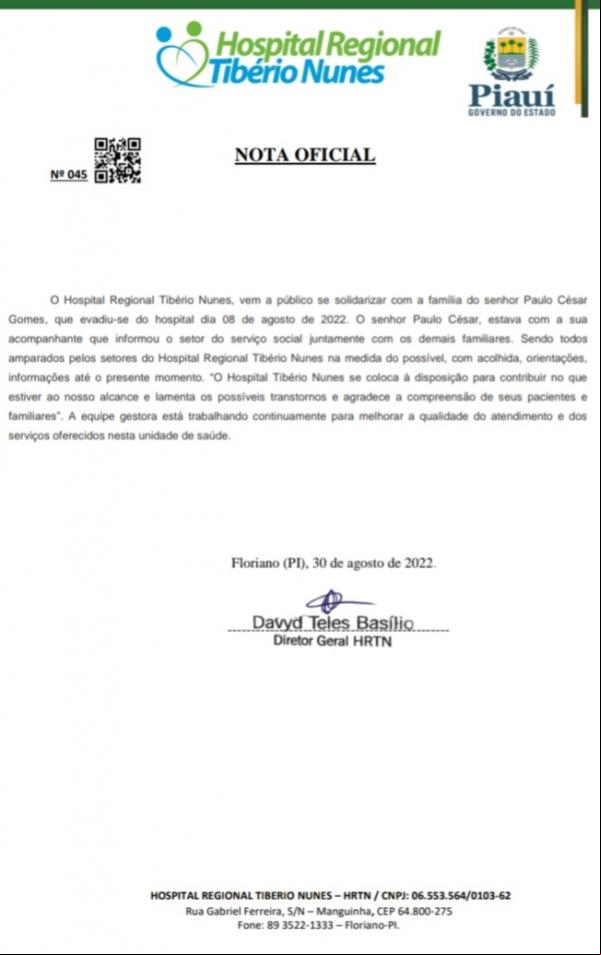 Nota oficial emitida pelo HRTN(Imagem:Divulgação)
