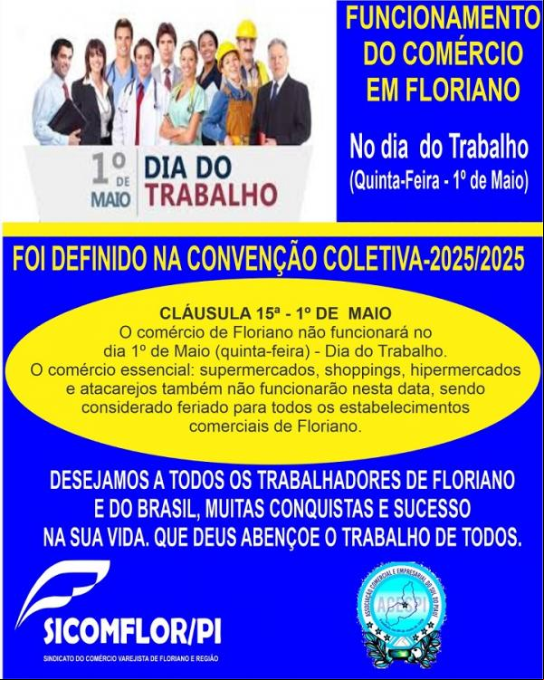 Comércio de Floriano não funcionará no Dia do Trabalho.(Imagem:Divulgação)
