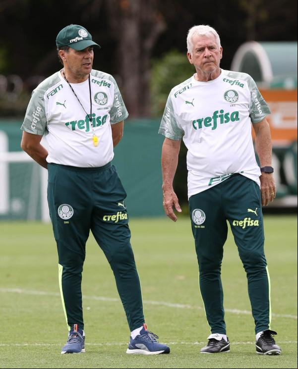 Vanderlei Luxemburgo e Antônio Mello durante treino do Palmeiras(Imagem:Cesar Greco / Ag Palmeiras)