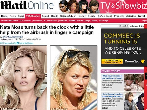 Kate Moss: em foto da campanha e em flagra de 2009, em praia de Ibiza(Imagem:Divulgação)