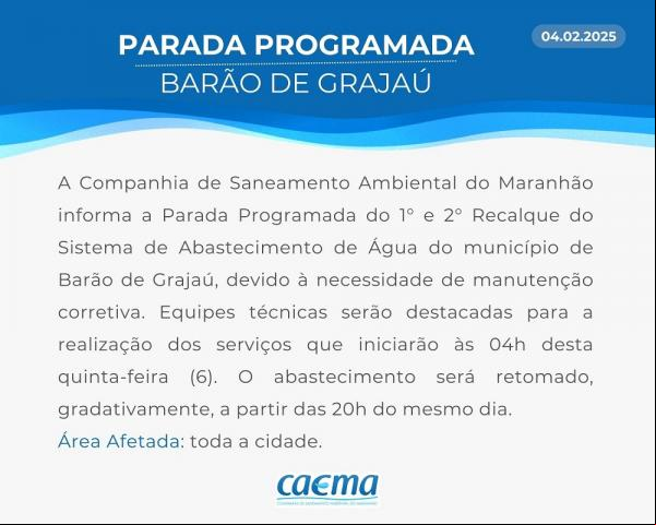CAEMA realizará interrupção temporária no abastecimento de água em Barão de Grajaú nesta quinta (06)(Imagem:Divulgação)