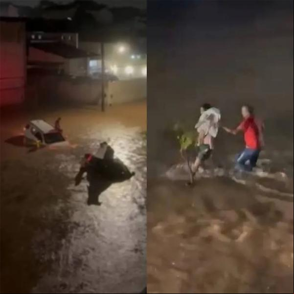 Pessoas ficam ilhadas com carros em rua alagada durante chuva na Zona Leste de Teresina.(Imagem:Reprodução)