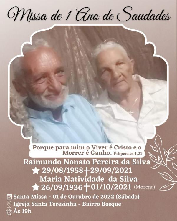 01 ano do falecimento de Raimundo Nonato e Maria Natividade (Morena)(Imagem:Reprodução)