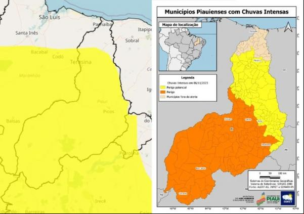Inmet alerta para risco de chuvas intensas no Piauí - Após meses de calor e tempo seco, Sul do Piauí registra maiores chuvas do Brasil.(Imagem:Inmet/ Semarh)