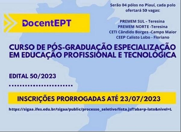 Prorrogadas as inscrições para Curso de Pós-Graduação em Educação Profissional em Floriano.(Imagem:Divulgação)