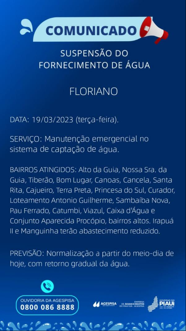 Agespisa realiza manutenção emergencial e suspende fornecimento de água em Floriano.(Imagem:Divulgação)