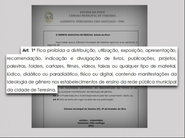 Lei proibe ideologia de gênero em escolas de Teresina.(Imagem:Câmara Municipal)
