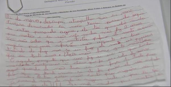 Menina escreve carta a vizinho sobre agressão do pai.(Imagem:Reprodução/G1)