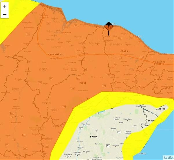 Em laranja, as áreas com previsão de chuvas fortes entre sexta-feira (17) e segunda-feira (20). (Imagem: Inmet/ Divulgação )