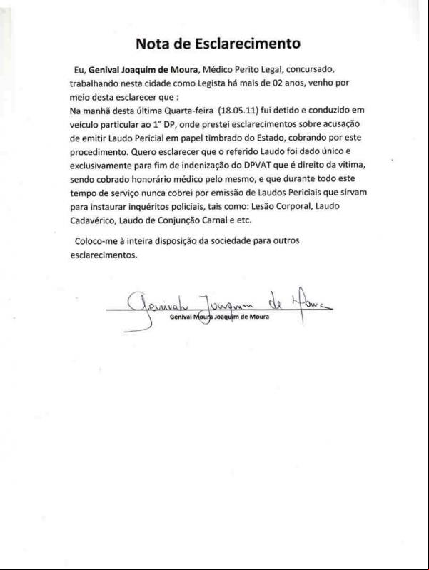 Nota de Esclarecimento Genival Joaquim de Moura(Imagem:Divulgação)