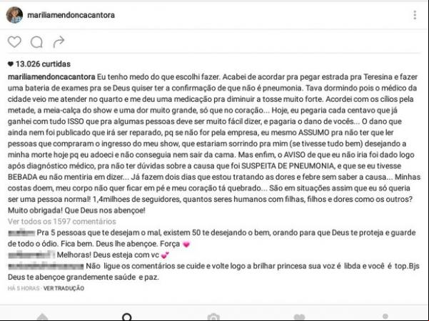 Marília Mendonça se pronuncia em postagem na internet.(Imagem:Reprodução/Instagram)