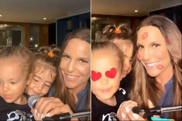Enquanto Ivete cantava ?Mulheres Não Têm Que Chorar?, seu single com o rapper Emicida, suas filhas entraram em cena. ?Ai, que participações mais especialíssimas!?, disse Ivete. As(Imagem:Reprodução)