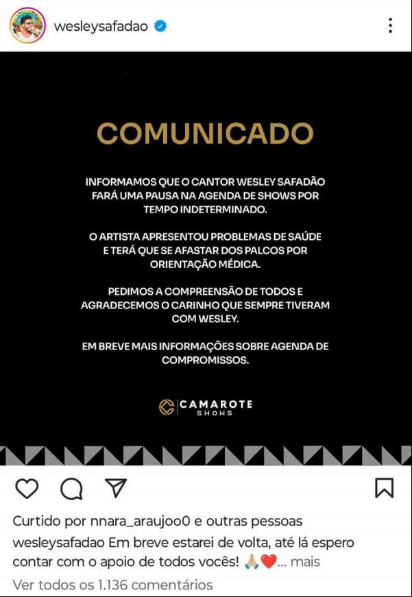Wesley Safadão anuncia pausta na agenda de shows por problema de saúde.(Imagem: Reprodução)
