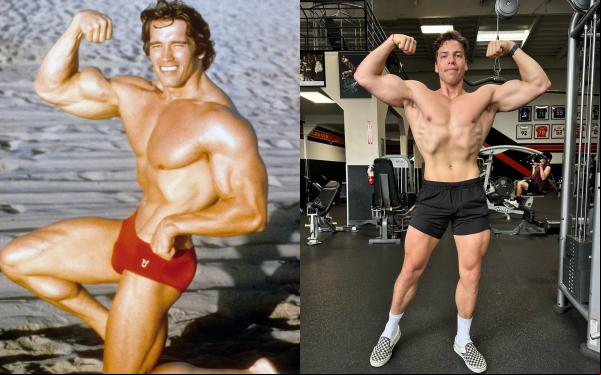 Arnold Schwarzenegger nos tempos de fisiculturista, em 1977, e Joseph Baena.(Imagem:Getty Images - Reprodução/Instagram)