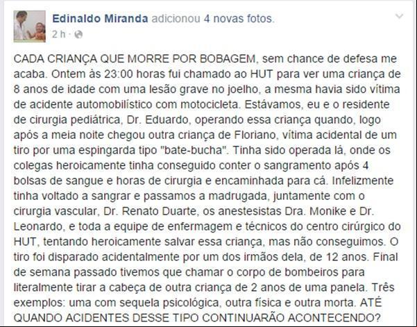 Médico posta caso em rede social.(Imagem:Reprodução/Facebook)