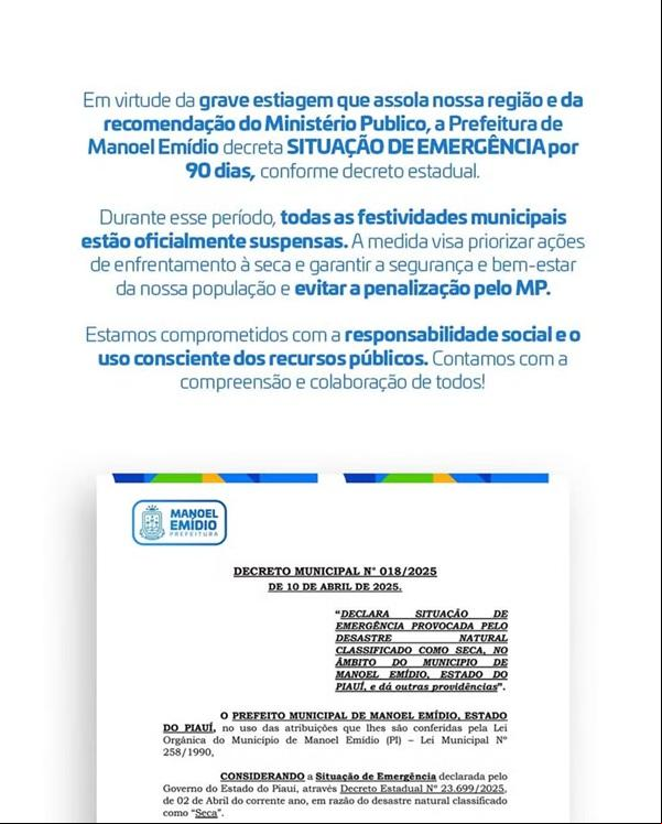 Nota de Manoel Emídio, publicado em 11 de abril de 2025.(Imagem: Reprodução)
