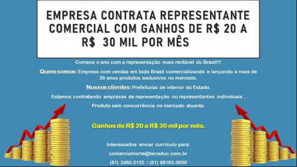 Empresa contrata representante comercial com ganhos de R$ 20 a R$ 30 mil por mês.(Imagem:Divulgação)