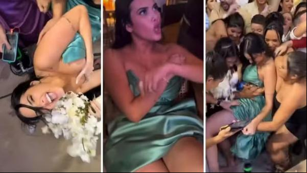 Emily Garcia se machucou ao pegar o buquê das noivas.(Imagem:Reprodução/Instagram)