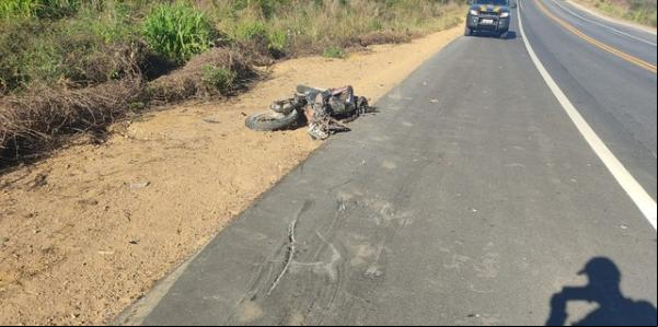 Moto ficou destruída após colidir com carreta na BR-135.(Imagem:Divulgação/PRF)