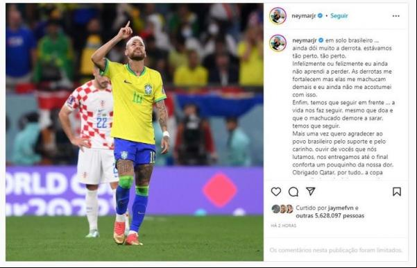 Neymar lamenta, mais uma vez, derrota para Croácia.(Imagem:Divulgação)