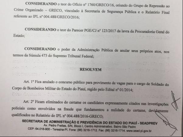 Portaria com anulação do concurso do Corpo de Bombeiros do Piauí.(Imagem:Reprodução)
