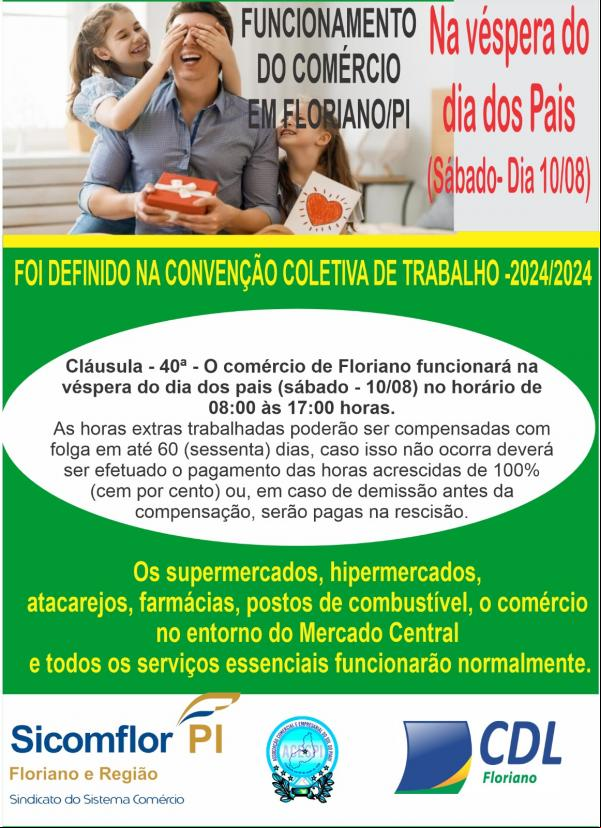  Comércio de Floriano funcionará em horário especial na véspera do Dia dos Pais.(Imagem:Divulgação)