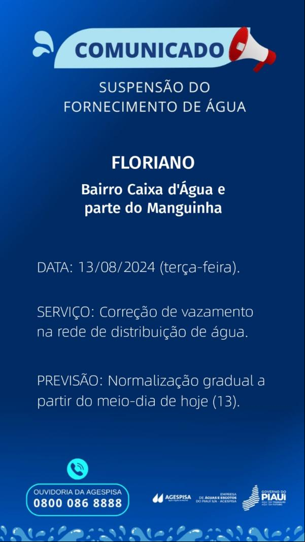 Agespisa anuncia suspensão do fornecimento de água em Floriano para correção de vazamento.(Imagem:Divulgação)