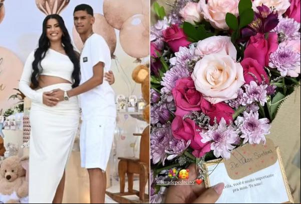 Távila Gomes recebe flores de Luva de Pedreiro, pai do filho que está esperando.(Imagem:Reprodução/Instagram)