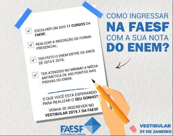 Inscrições para o vestibular 2019.1 da FAESF continuam abertas.(Imagem:Divulgação)