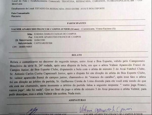 Francis, do Boa Esporte, registrou boletim de ocorrência após a partida.(Imagem:Reprodução)