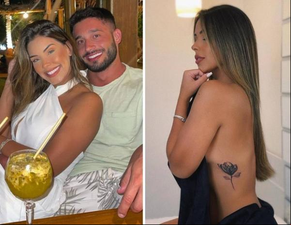 Ivy Moraes e o namorado, Fernando Borges, e a tatuagem que ela cobriu a inicial do ex-marido.(Imagem:Reprodução/Instagram)