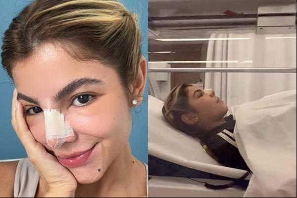 A ex-BBB e influenciadora Hariany Almeida tem feito sessões em uma câmara hiperbárica para agilizar a recuperação de uma rinoplastia.(Imagem:Reprodução)
