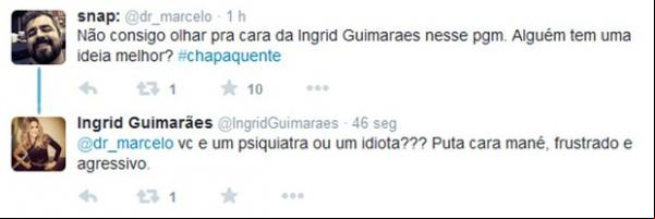 Trecho da discussão em Ingrid Guimarães e ex-BBB Marcelo Arantes.(Imagem:Twitter/Reprodução)