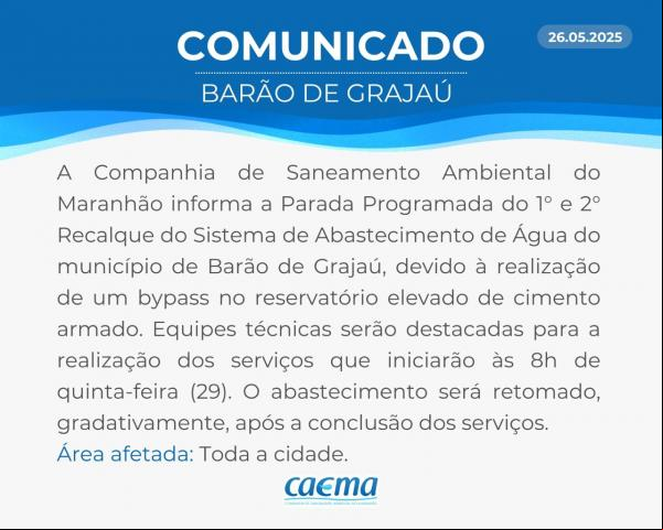 Parada programada no abastecimento de água afetará município de Barão de Grajaú nesta quinta (29).(Imagem:Divulgação)