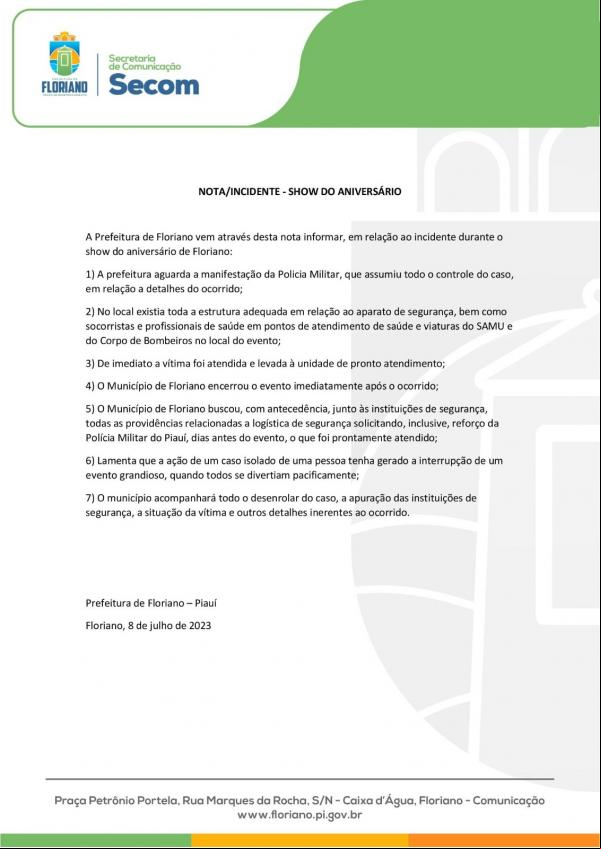 Prefeitura de Floriano emite nota sobre incidente durante show de aniversário.(Imagem:Secom)