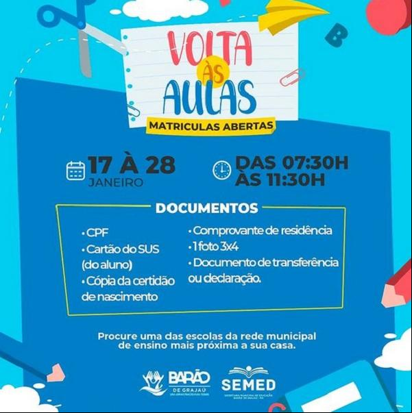 Começa nesta segunda o período de matrículas na rede municipal de Barão de Grajaú.(Imagem:Reprodução/Instagram)
