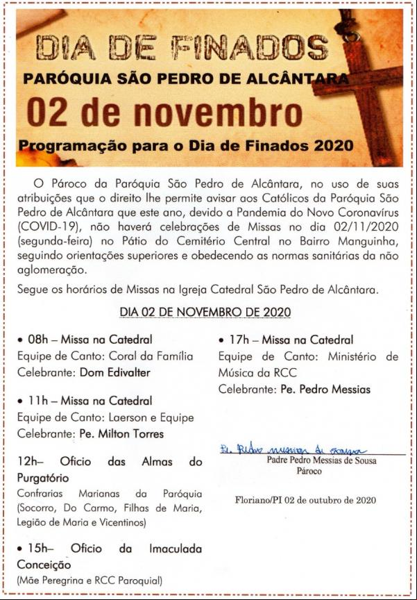 Catedral Diocesana São Pedro de Alcântara divulga programação para o Dia de Finados.(Imagem:Divulgação)