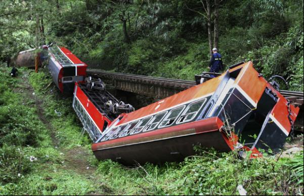 Trem acidentado nesta quarta-feira (27) em Alishan, no sul de Taiwan(Imagem:AP)